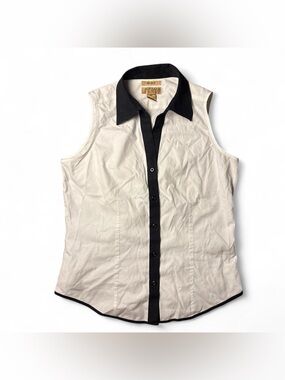 100% Cotton White & Black Sleeveless Collared Top by Investments